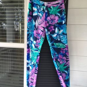 Blue, purple floral palazzo pants in pull on style. Wide legs.
